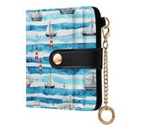 GuoChe Ocean Ship and Lighthouse Pattern Women's Small Folding Wallet Cute Premium PU Leather Wallet for Woman Girl
