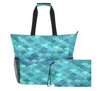 GuoChe Pastel Blue Tie Dye Beach Bag for Women, Summer Travel Large Capacity Tote Bag with Side Mesh Pockets, Teal Scale Textile, One Size