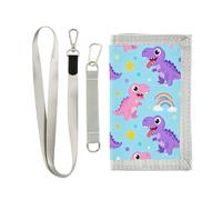 GuoChe Pastel Dinosaurs & Rainbows Pattern Trifold Slim Wallet for Womans Unique Lightweight Slim Wallet with Lanyard