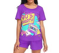 GuoChe Retro 90's Party Pajama Set for Women Short Sleeve Womens Pajama Sets Pj Shorts for Ladies Lounge Set, Retro 90's Party, L