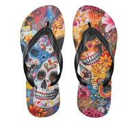 GuoChe Rubber women flip flops comfortable womans flip for Shower Swimming Pool yoga, Day of the Dead Sugar Skull Floral Art Print, XX-Large