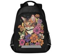 GuoChe School Backpack for Kids Laptop Bookbag | with Reflective Strip 17in Cat Flower Floral Cute Kitten Graphic