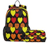 GuoChe School Backpack with Lunch Bag Kids Bookbag Laptop Daypack | Basketball Softball Heart Sports Seamless Pattern Bold Red Yellow Athletic Love