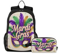 GuoChe School Backpack with Lunch Bag Kids Bookbag Laptop Daypack | Mardi Gras Nola Festive Carnival Mask New Orleans Party