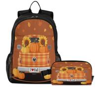 GuoChe School Backpack with Lunch Bag Kids Bookbag Laptop Daypack | Mini I Love Fall Cute Truck with Pumpkin and Flowers