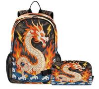 GuoChe School Backpack with Lunch Bag Kids Bookbag Laptop Daypack | Mythical White Red Fire Chinese Wyrm Ocean Lightning Art