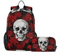 GuoChe School Backpack with Lunch Bag Kids Bookbag Laptop Daypack | Red Web Lily Flower Skull Skeleton Japanese Anime Otaku
