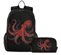 GuoChe School Backpack with Lunch Bag Kids Bookbag Laptop Daypack | Sea Creature Pattern Red and Black Ocean Sea Life(1)