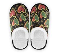 GuoChe Slippers for Womens Mens Fuzzy Fleece Anti-Skid Sole House Slipper Indoor Outdoor Winter Bedroom M, Christmas Black Hearts Stars Holly, Medium