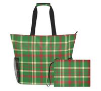 GuoChe Soft Pastel Check Beach Bag for Women, Swim Waterproof Tote Bag with Zipper pouching, Multi Green Red Plaid, One Size