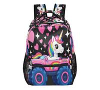 GuoChe Sturdy Standable Backpack durables for Kids Gym Bookbag Cute unicorns Head Pattern, Funny Cute Unicorns Riding a Pink Monsters Truck, S