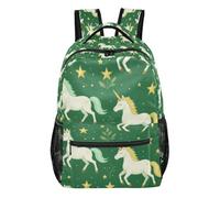 GuoChe Sturdy Standable Backpack durables for Kids Gym Bookbag Cute unicorns Head Pattern, Magical Unicorns Floral Dark Green Forests Stars, S