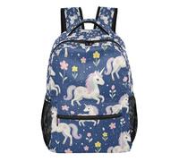 GuoChe Sturdy Standable Backpack Lightweight for Women Trave Bookbag Cherry Ribbon Fruit Art, Magical Unicorns Floral Navy, S