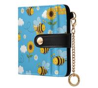 GuoChe Sunny Bee and Flower Pattern Women's Folding Card Wallet Portable PU Leather Card Wallet for Women Girls