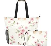 GuoChe Travel Tote Bag Lightweight & Smooth Print for Beach | Cute Hare and Blush Floral Watercolor