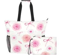 GuoChe Travel Tote Bag Lightweight & Smooth Print for Gym | Blush Blush Rose & Ribbon Coquette Floral