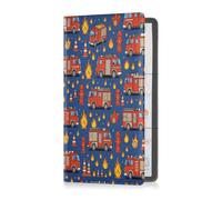 GuoChe Vehicle Registration Document Holder Red Fire Trucks on Navy Blue | PVC Leather Auto Organizer with Clear View Multi-Slot Case for Car Insurance License Cards for Glove Box