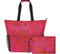 GuoChe Waterproof Beach Tote Comes with Detachable Mini pouching for Travel | Vibrant Red and Blush Floral Line Art