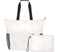 GuoChe Waterproof Beach Tote EVA Lined Wet Pocket for Beach | Light Blush Peony Floral Delicate Lace Print