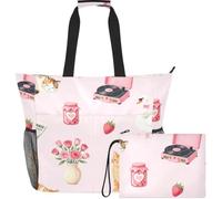 GuoChe Waterproof Beach Tote Lightweight & Smooth Print for Swimming | Coquette Blush Cat & Bow Floral