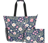 GuoChe Waterproof Beach Tote Lightweight & Smooth Print for Vacation | Navy Blue and Blush Blush Floral