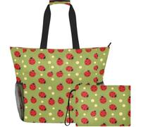 GuoChe Waterproof Beach Tote Multi-Pocket Organizer for Vacation | Red Lady Beetle on Green Background