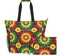 GuoChe Waterproof Beach Tote Water-Resistant for Travel | Juneteenth Inspired Red Green Sunflower
