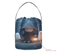 GuoChe Witch Figure with Ghosts & Pumpkins Crochet Yarn Bag Knitting Needle Storage Portable Travel Bag for Knitting Needle Knitting Accessory
