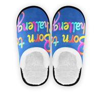 GuoChe Women's House Slippers Fuzzy Fleece Non-Slip Lightweight House Slipper Socks Indoor Outdoor Winter Bedroom M, Colorful Word Born to Challenge, Medium