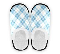 GuoChe Womens Mens Slippers Fuzzy Fleece Non-Slip Lightweight House Slipper Socks Home Indoor M, Cyan Gingham Plaid, Large