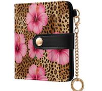 GuoChe Women's Small Folding Wallet Cute Premium PU Leather Wallet for Men Women Travel, Leopard Print Hibiscus Flower Blush Floral, One Size, Modern