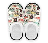 GuoChe Women's Spa Slippers House Shoes Fuzzy Fleece Anti-Skid Sole Soft House Slippers Shoes Bedroom Home Office Travel Yoga M, Retro Pop Culture Print, Medium