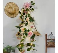 GUOCHENG Rose Flower Garland with String Lights, 6 Ft Silk Flowers Fairy Lights with Timer, Artificial Eucalyptus Garland Light for Wedding Arch Party Wall Room Decor-pink