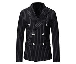 GUOCU Men's Pinstripe Suit Jacket,Smart Casual Lapel Blazer Double Breasted Two Button Stylish Striped Suit Coats Retro Slim Fit Blazer Jackets Wedding Party Formal Tuxedo Jackets Black A M