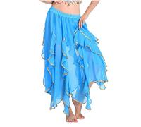 GUOCU Women Belly Dance Chiffon Skirt Practice Performance Sequin Asymmetric Ruffled Gold Trim Panel Skirt Indian Dance Stage Skirt Carnival Dancing Outfit Lakeblue M