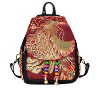GUOCU Women Drawstring Daypacks Shoulder Bag folk-custom Style Ethnic Retro Sequin Peacock Bead Embroidery Canvas Small Backpack with Beaded String Pendants for Travel or School WineRed one size