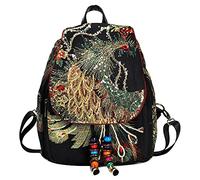 GUOCU Women Drawstring Daypacks Shoulder Bag folk-custom Style Ethnic Retro Sequin Peacock Bead Embroidery Canvas Small Backpack with Beaded String Pendants for Travel or School Black one size