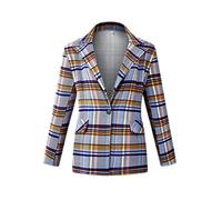 GUOCU Women Plaid Blazers And Jackets Work Office formal Suit Slim Fit Lapel Single Breasted Spring Autumn Long Sleeve Patchwork Plaid Loose Business Blazer Coat with Pockets,Blue,M