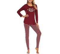 GUOCU Women Pyjamas Set Round Neck Soft Loungewear Long Sleeve Printing Tops And Stripe Leggings 2 Pieces Sleepwear Comfortable Elegant Casual Nightwear Outfits,Red,M