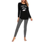GUOCU Women Pyjamas Set Round Neck Soft Loungewear Long Sleeve Printing Tops And Stripe Leggings 2 Pieces Sleepwear Comfortable Elegant Casual Nightwear Outfits,Black,M