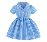 Guoegh Girl School Dress Pleated Gingham Dresses Kids Striped A-line Summer Uniform with Pocket(Blue,12-13 Years)
