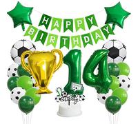 Guoguonb 14 Year Football Birthday Decorations Happy Birthday Banner Number 14 Balloon Champions' Trophy Football Foil Balloon for Kids Football Theme Party Children's 14st Birthday Party Decoration