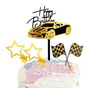 Guoguonb 5 Pieces Acrylic Cake Topper Racing Theme Birthday Cake Topper Happy Birthday Cake Decoration Sports Car Glitter Star Banner for Men Boys Birthday Celebration Parties, Golden