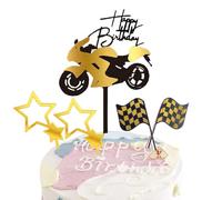 Guoguonb 5 Pieces Acrylic Cake Topper Racing Theme Birthday Cake Topper Happy Birthday Cake Decoration Motorbike Glitter Star Banner for Men Boys Birthday Parties, Golden