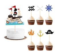 Guoguonb 7PCS Pirate Cake Topper Pirate Cake Topper Happy Birthday Cake Toppers Set Pirate Cake Topper Cupcake for Girl Boy Kids Halloween Party Muffin Decoration