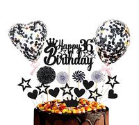 Guoguonb Black Cake Decoration Happy 36th Birthday 36 Years Girls Boys Cake Decoration Heart Star Balloon Glitter Cake Topper for 36th Birthday Party Cake Decoration