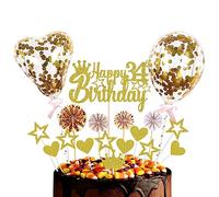 Guoguonb Golden Cake Decoration Happy 34th Birthday 34 Years Girls Boys Cake Decoration Heart Star Balloon Glitter Cake Topper for 34th Birthday Party Cake Decoration