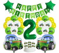 Guoguonb Green 2 Year Tractor Birthday Decoration Happy Birthday Banner Number Balloon 2 Foil Balloon Printed Balloons Tractor Cake Decoration for Children's 2st Birthday Party Set Decoration