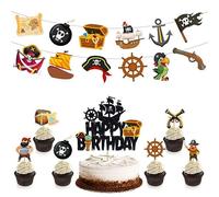 Guoguonb Pirate Theme Birthday Party Decoration 1x Large Happy Birthday Cake Topper 6x Pieces Cupcake and 2x Pirate Series Banner for Girl Boy Kids Halloween Party Cupcake Decoration
