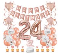 Guoguonb Rose Gold 24th Birthday Decoration Set - 39 Pieces - Balloons, Banner, Cake Toppers - Women's 24th Birthday, Princess Theme
